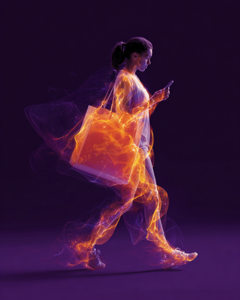 Connected shopper in motion, energy trails wrapping a physical retail journey