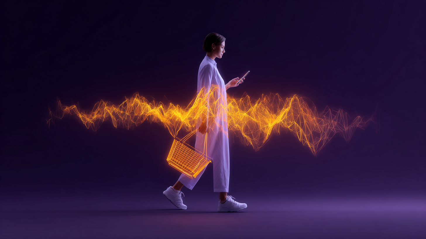 Shopper walking through an energy wave of connected retail signal